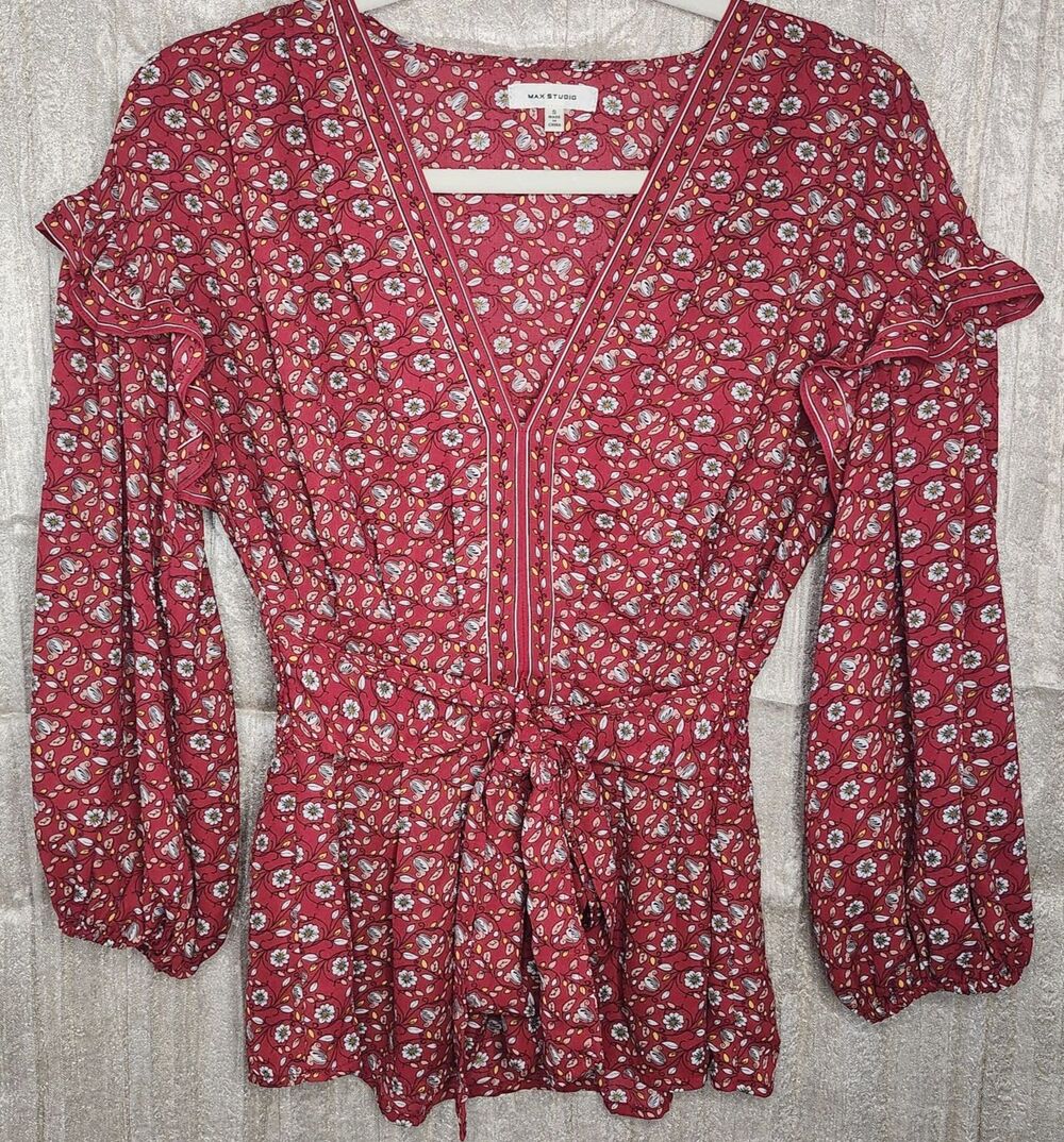 Max Studio Red Floral Sheer Blouse Small Cottagecore Ruffle Bell Sleeve Tie Back